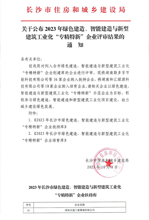 亘晟门窗入选长沙绿色智能建造“专精特新”首批企业名单 亘晟门窗入选长沙绿色智能建造“专精特新”首批企业名单